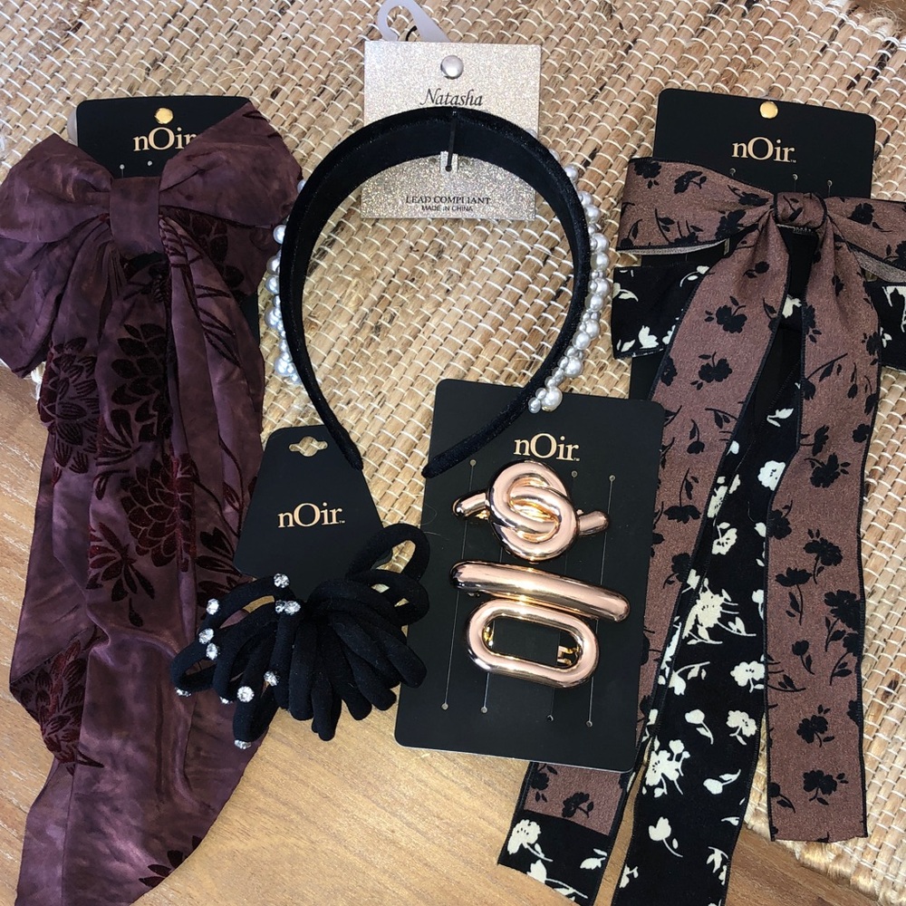 nOir Velvet Bow Hair clips, bows & Pearl Headband Set